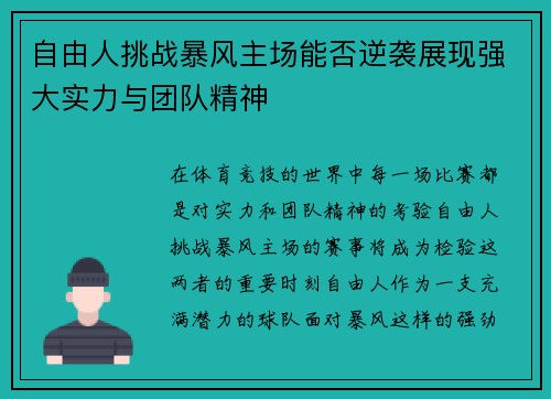 自由人挑战暴风主场能否逆袭展现强大实力与团队精神