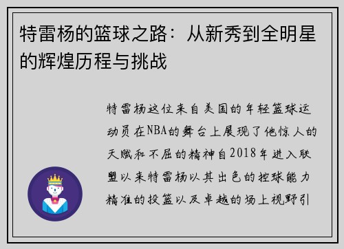 特雷杨的篮球之路：从新秀到全明星的辉煌历程与挑战